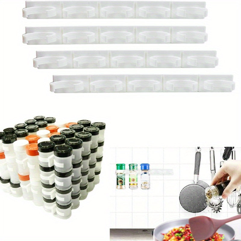 Wall-mounted kitchen seasoning jar rack with 20 clip seasoning clips. This storage rack holds 4pcs of seasoning jars and bottles, can be mounted on cabinets or doors using tape.