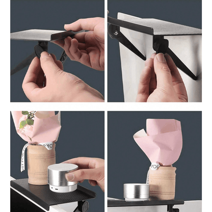 Adjustable computer monitor storage rack with a 5KG weight capacity, folds for easy storage.