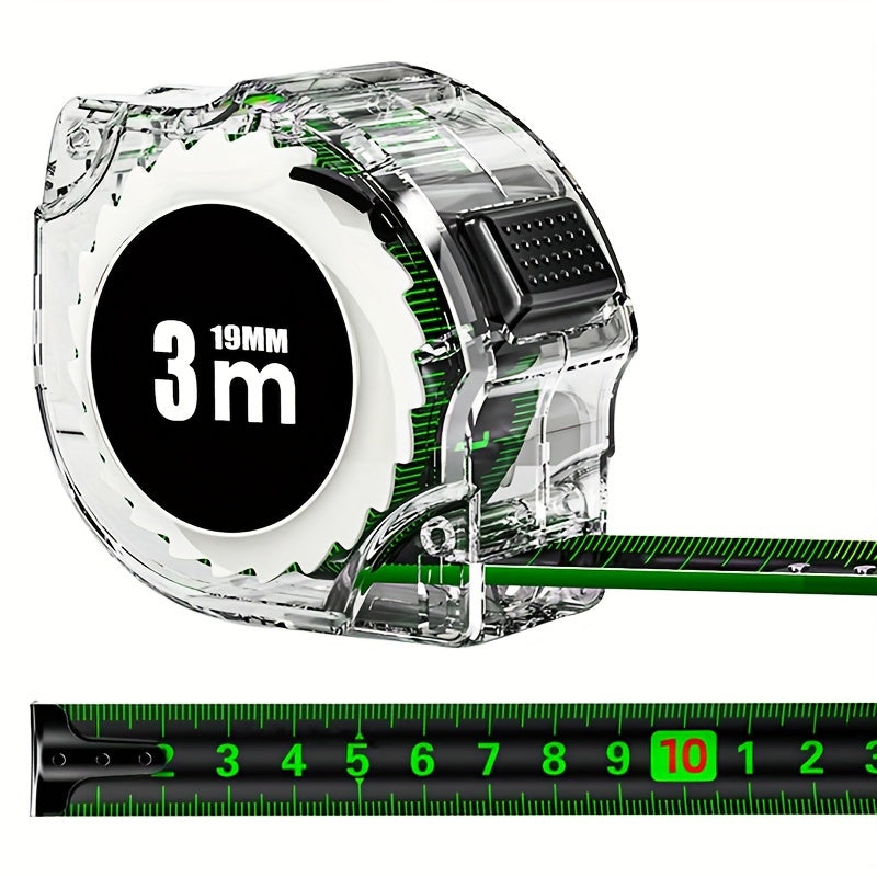 High-precision self-locking 5m steel tape measure with laser inkjet code box design, ABS resin material, 0.1mm accuracy, and clear view display for construction and DIY projects.