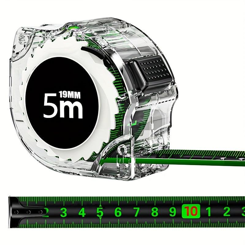 High-precision self-locking 5m steel tape measure with laser inkjet code box design, ABS resin material, 0.1mm accuracy, and clear view display for construction and DIY projects.