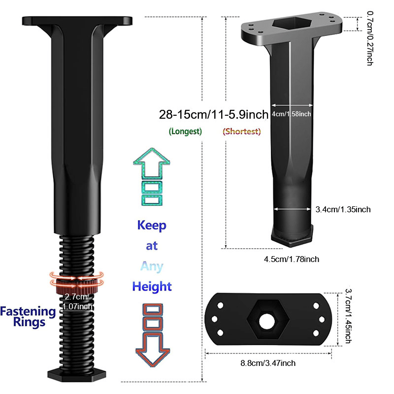 Adjustable bed frame support legs for King & Queen Size beds. Height range 14.99-27.94 cm. Easy installation, no electricity required. Sturdy support.