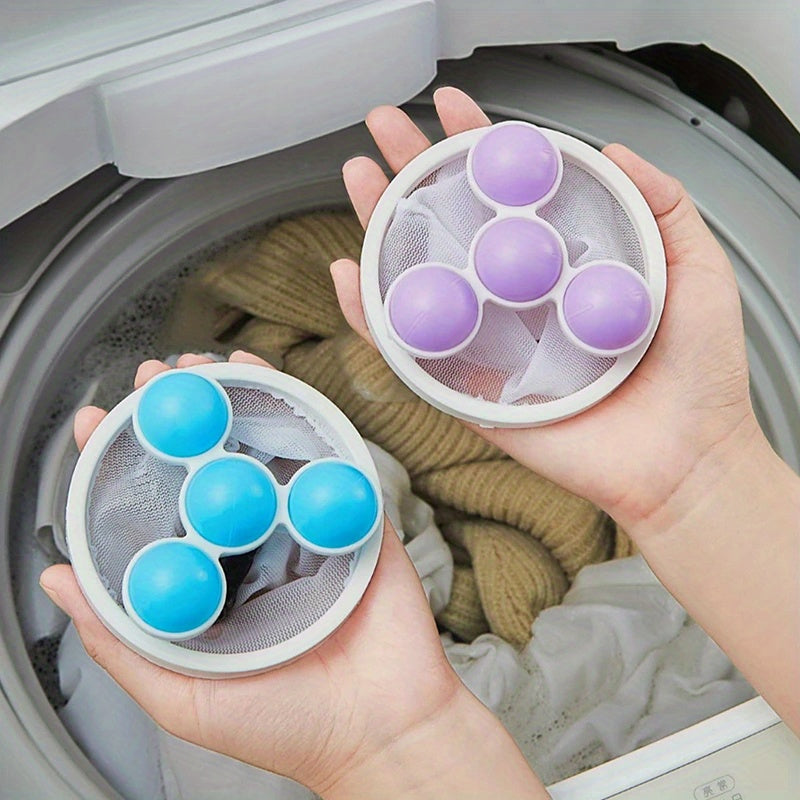 Three pieces of reusable floating lint mesh bags, made of non-woven plastic in a round shape to catch hair and lint. These multipurpose washing machine accessories feature a buckle closure for easy use. Perfect for removing pet hair and for general