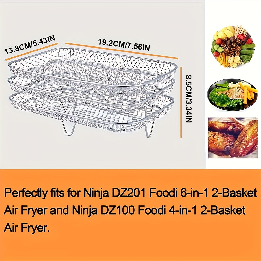 Stainless Steel 3-Piece Layered Rectangle Dehydrator Racks for Ninja Dual Air Fryer - Includes Grilling Rack, Air Fryer Rack, and Basket Tray with Clip and Heighten Feet Pad - Compatible with Double Basket Air Fryers