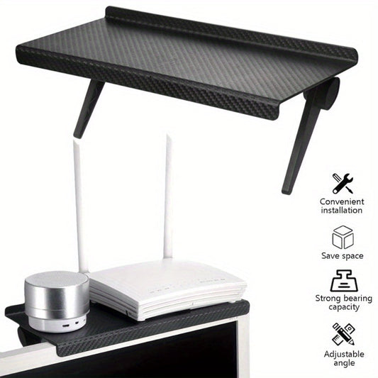 Sleek Black Top Shelf for TV & Computer Monitor- Durable ABS Material with Non-Slip Design for Easy Home Organization, Adjustable and Versatile