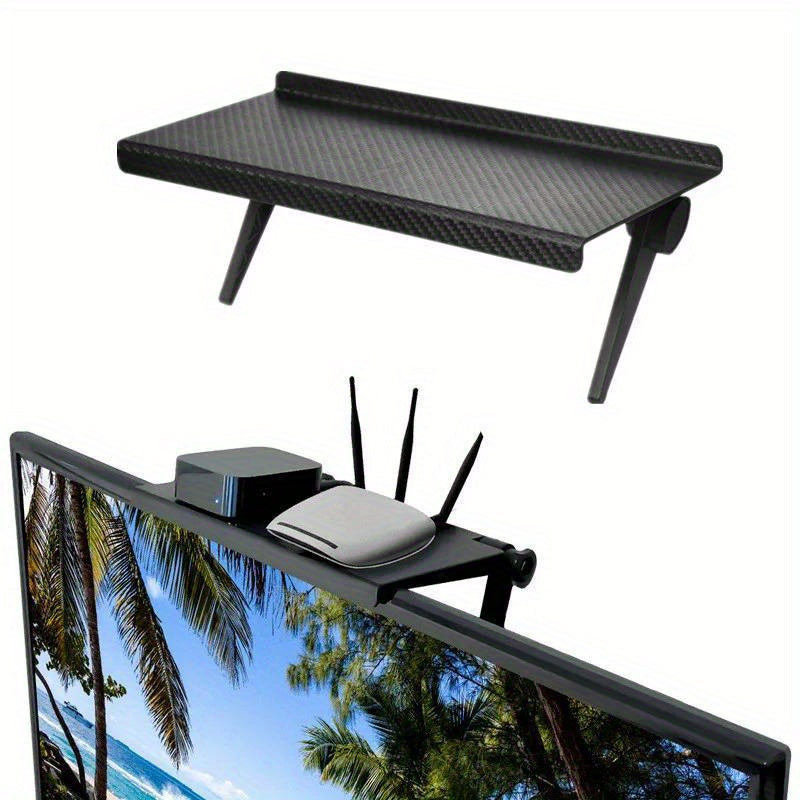 Sleek Black Top Shelf for TV & Computer Monitor- Durable ABS Material with Non-Slip Design for Easy Home Organization, Adjustable and Versatile