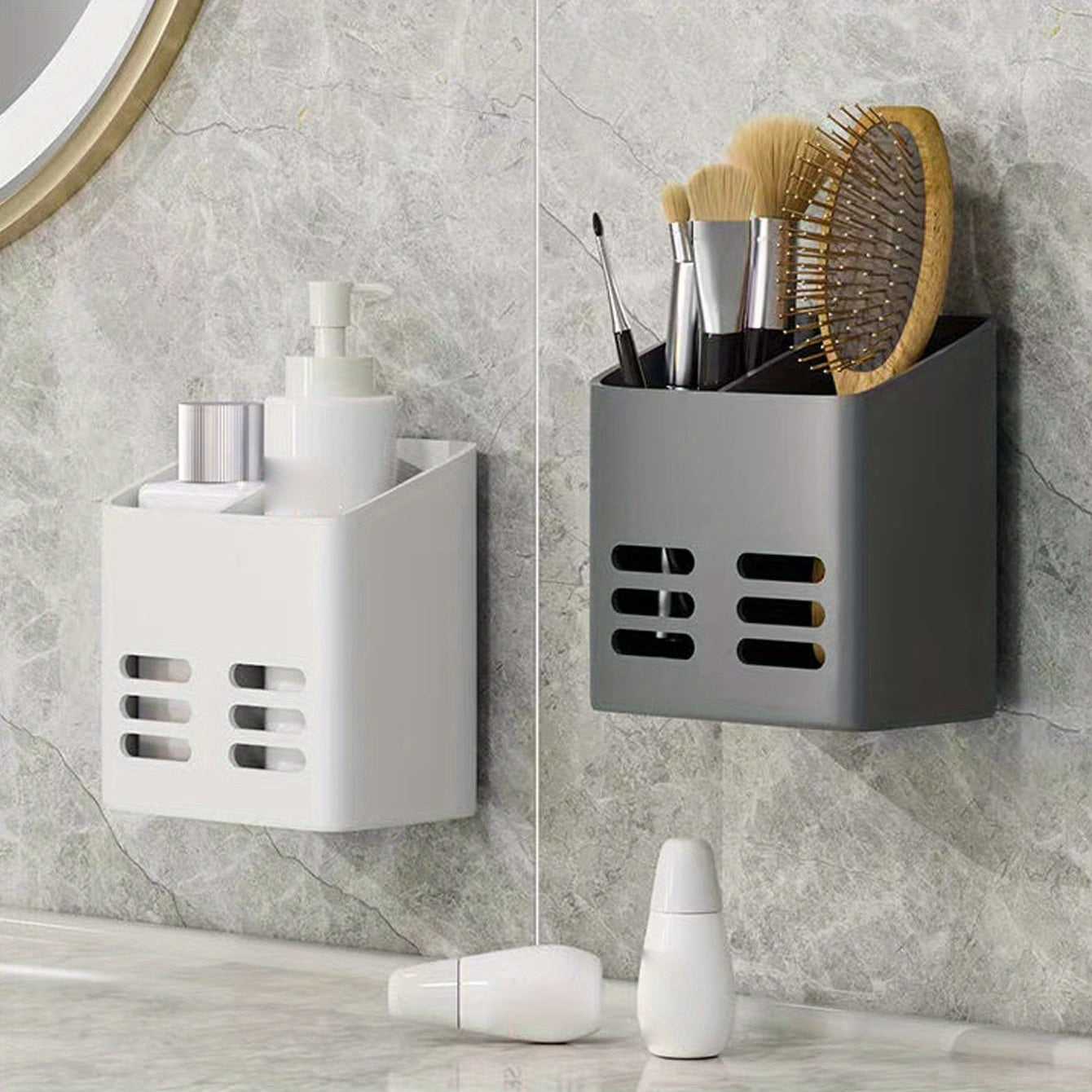 Wall-mounted storage rack made of plastic with drain basket, suitable for kitchen, bathroom, and living room. Ideal for organizing tableware, cutlery, makeup, pens, brushes, and razors.