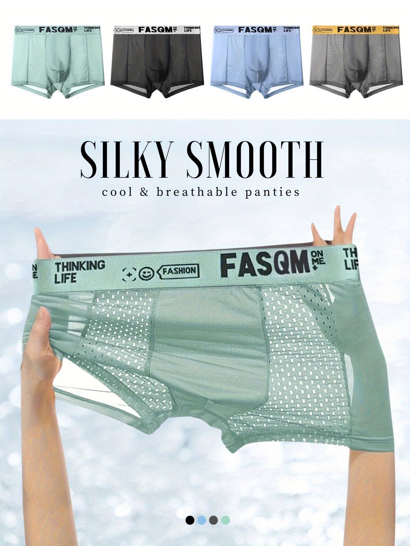 4pcs Men's boxers briefs in icy charm and cool soft material, featuring mesh patch for breathability and stretchy trunks. Available in sky blue, black, and deep gray with contrast color