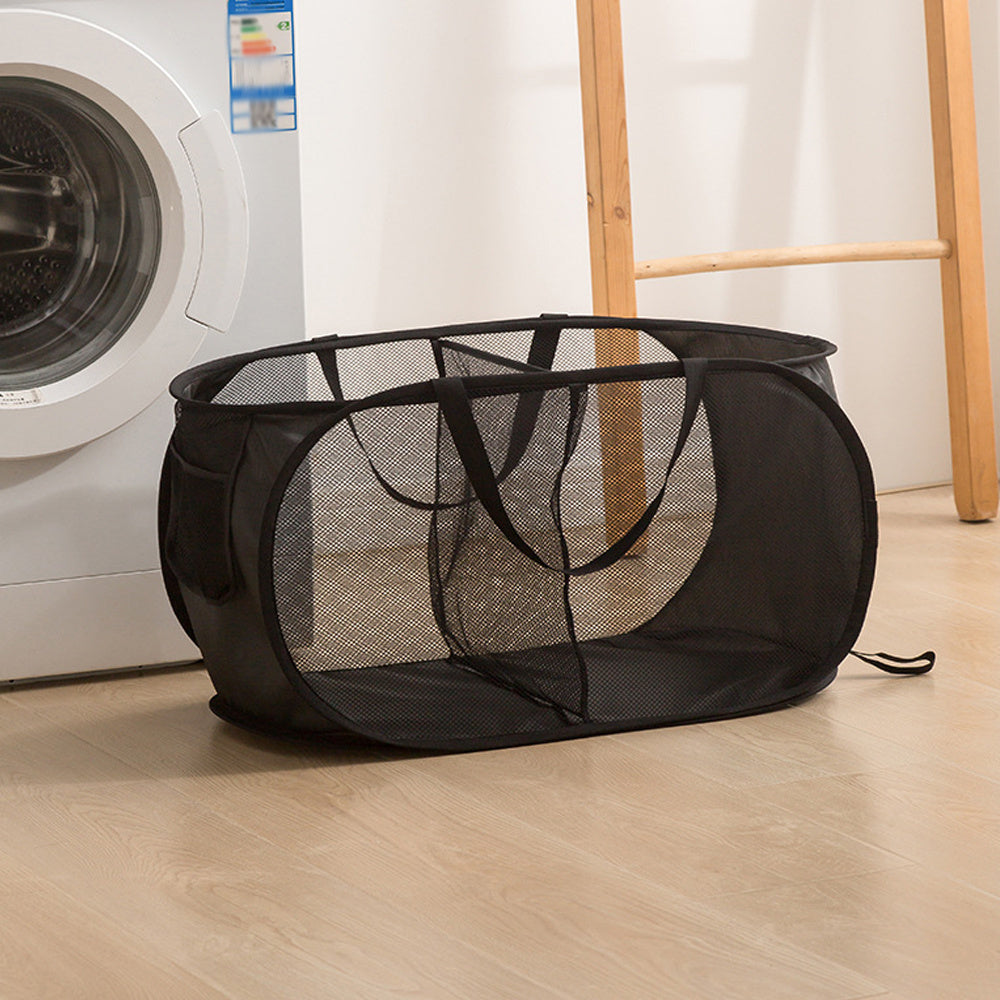 Breathable, sturdy, and foldable laundry basket with wide opening and side pocket. Space-saving design makes it a perfect Halloween or Christmas gift.