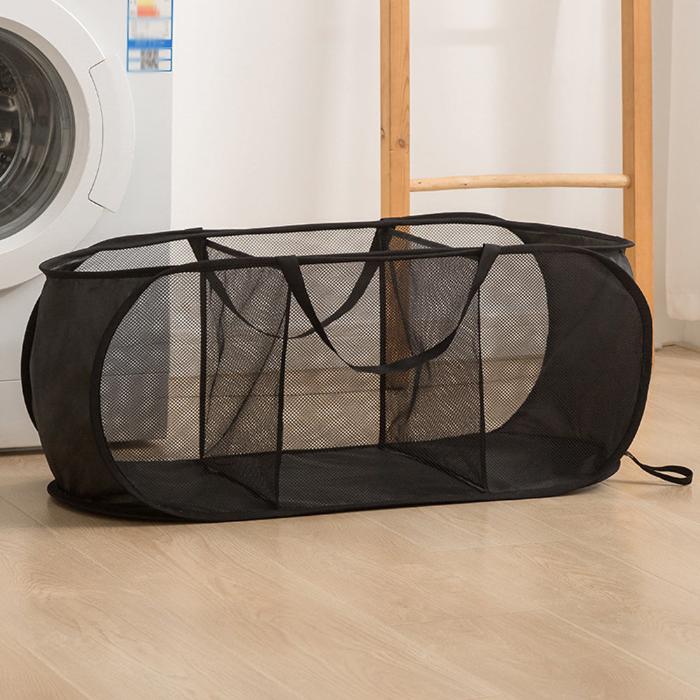 Breathable, sturdy, and foldable laundry basket with wide opening and side pocket. Space-saving design makes it a perfect Halloween or Christmas gift.