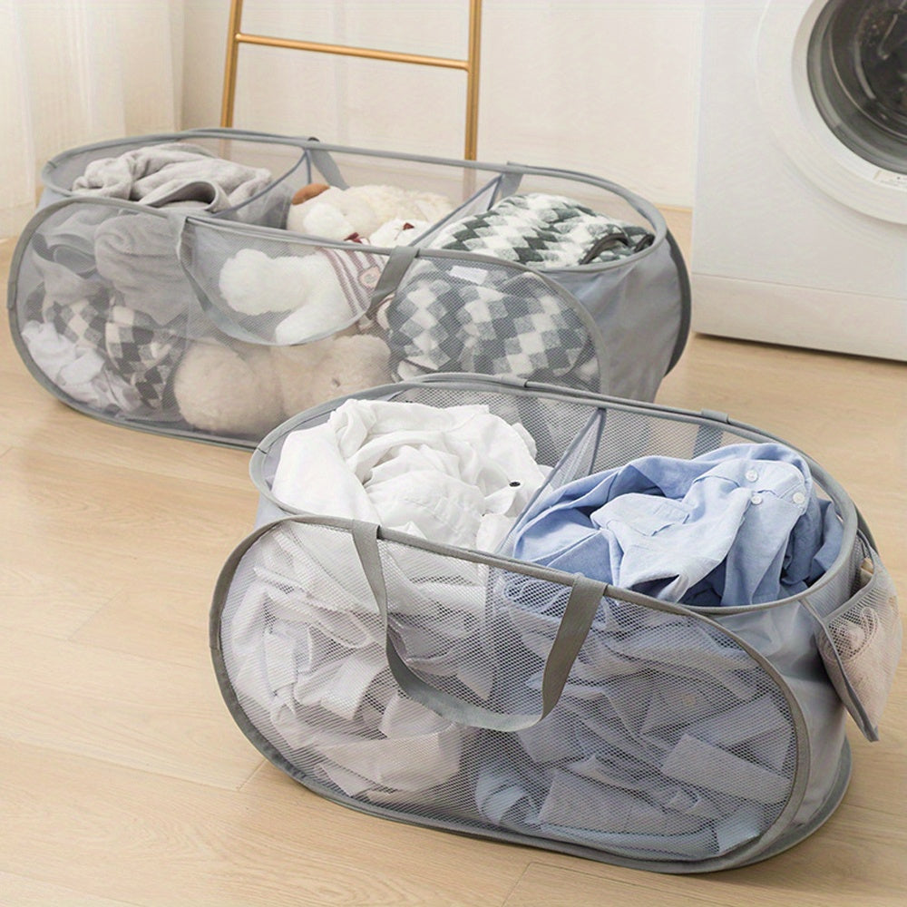 Breathable, sturdy, and foldable laundry basket with wide opening and side pocket. Space-saving design makes it a perfect Halloween or Christmas gift.