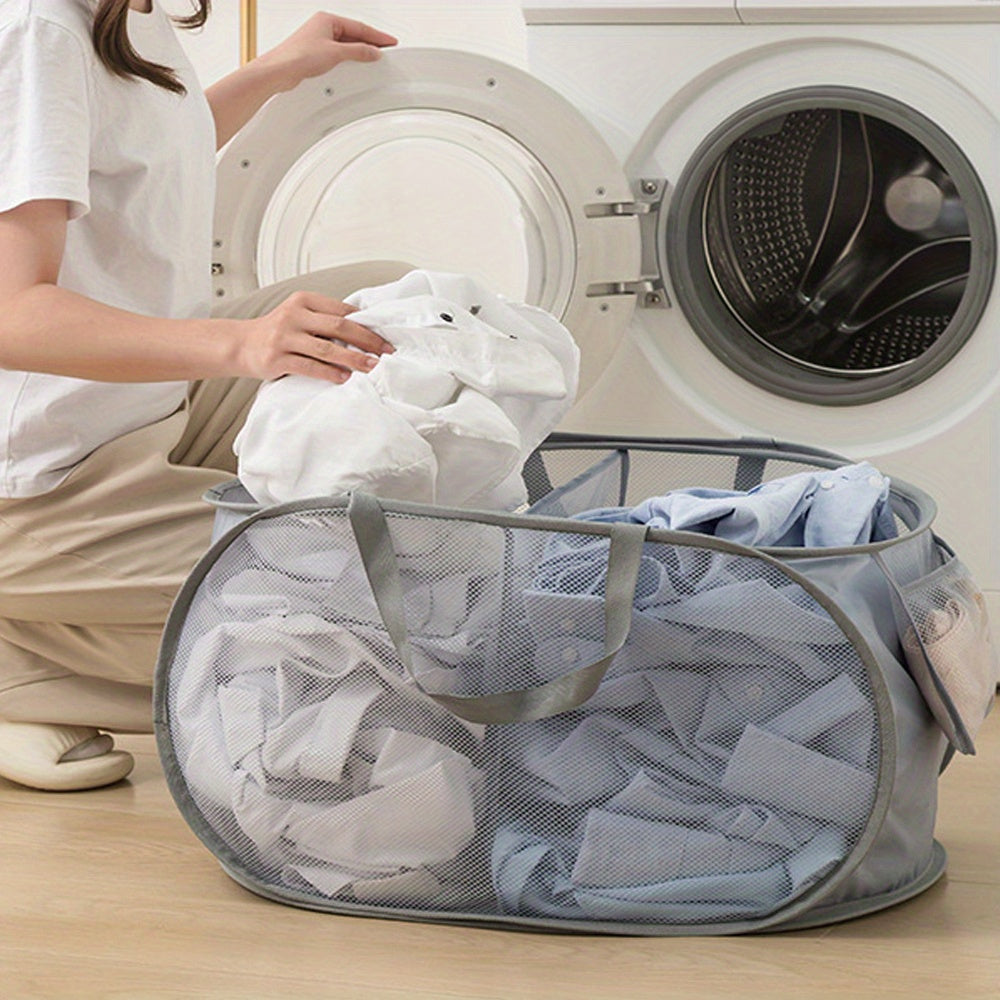 Breathable, sturdy, and foldable laundry basket with wide opening and side pocket. Space-saving design makes it a perfect Halloween or Christmas gift.