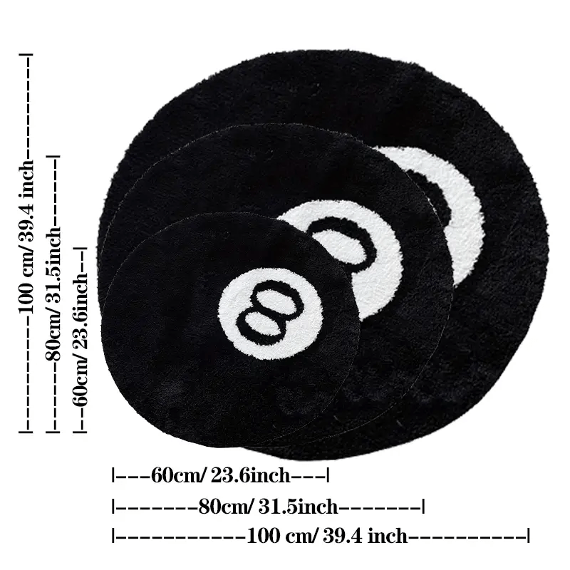 Black Round Rug with Non-Slip Backing - Plush Flocking Area Rug for Living Room, Bathroom, and Home Décor - Easy to Clean Machine Washable Polyester Material - Features 8 Ball Design - Perfect as a Bath Mat