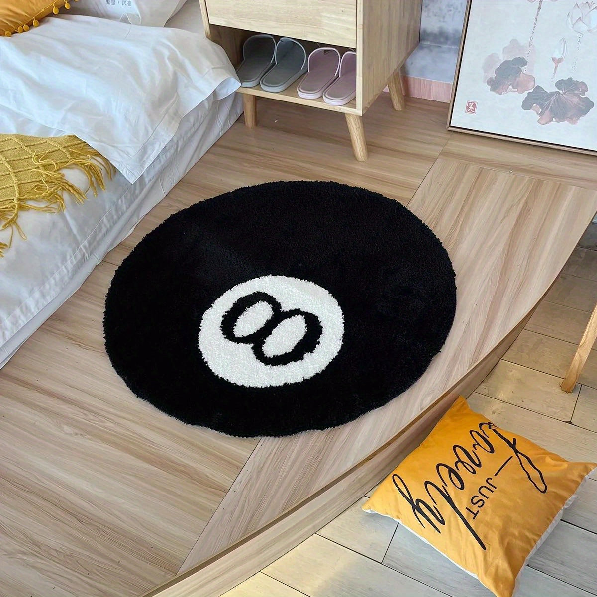 Black Round Rug with Non-Slip Backing - Plush Flocking Area Rug for Living Room, Bathroom, and Home Décor - Easy to Clean Machine Washable Polyester Material - Features 8 Ball Design - Perfect as a Bath Mat