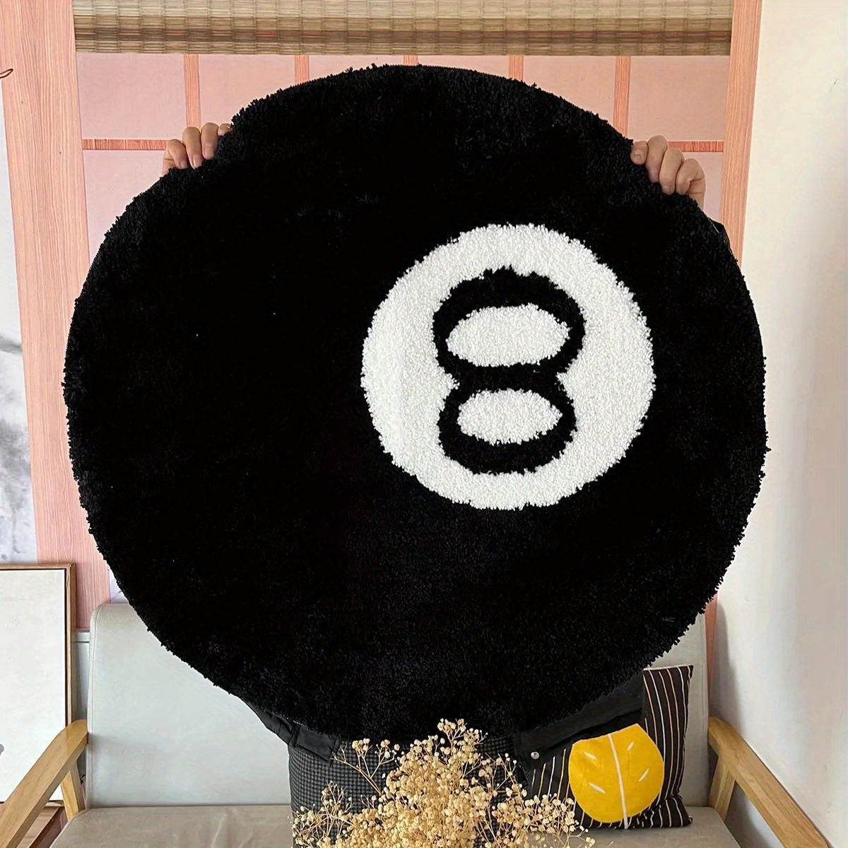 Black Round Rug with Non-Slip Backing - Plush Flocking Area Rug for Living Room, Bathroom, and Home Décor - Easy to Clean Machine Washable Polyester Material - Features 8 Ball Design - Perfect as a Bath Mat