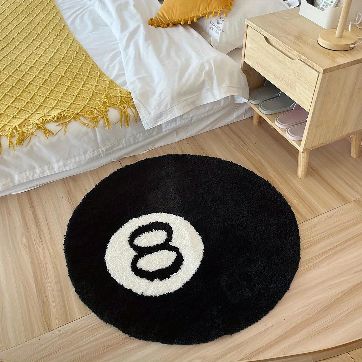 Black Round Rug with Non-Slip Backing - Plush Flocking Area Rug for Living Room, Bathroom, and Home Décor - Easy to Clean Machine Washable Polyester Material - Features 8 Ball Design - Perfect as a Bath Mat