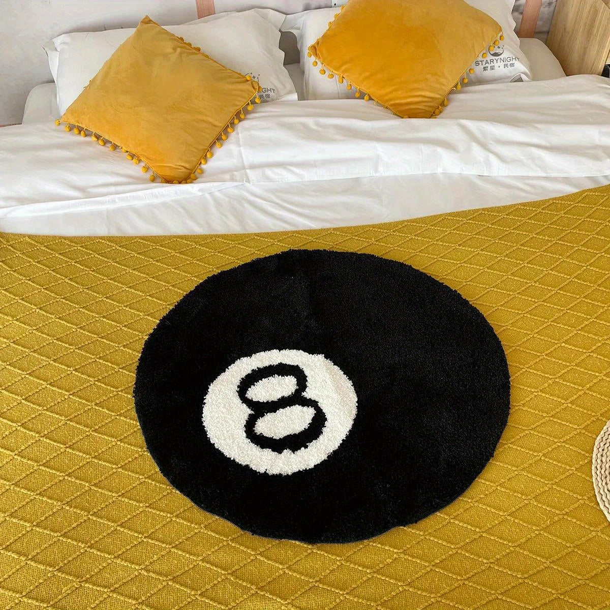 Black Round Rug with Non-Slip Backing - Plush Flocking Area Rug for Living Room, Bathroom, and Home Décor - Easy to Clean Machine Washable Polyester Material - Features 8 Ball Design - Perfect as a Bath Mat