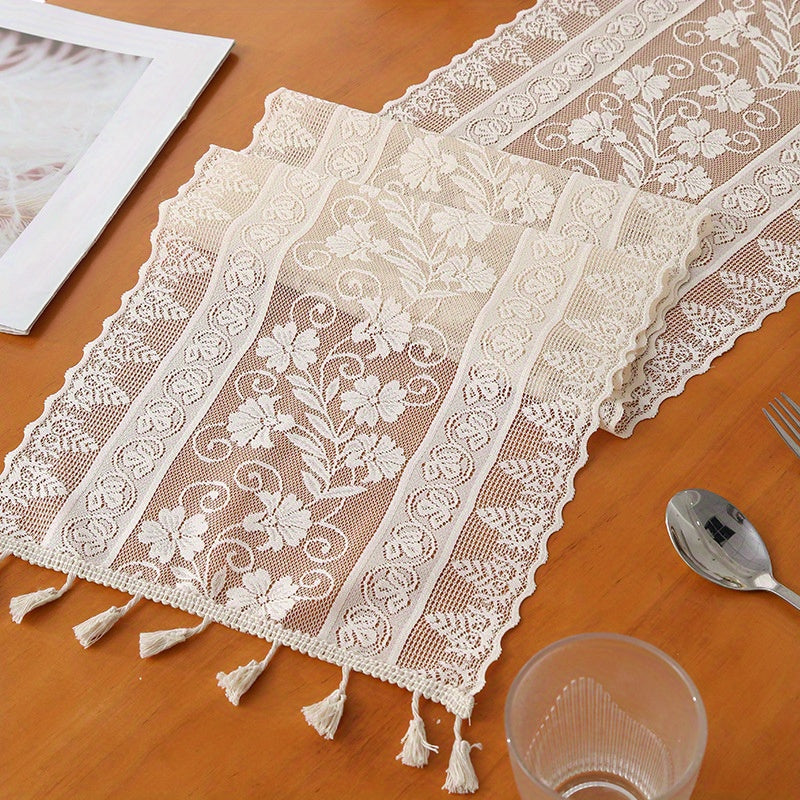 Long farmhouse table runner in boho lace style for home decor, dining and bedroom. Can also be used as a bedside cover cloth.