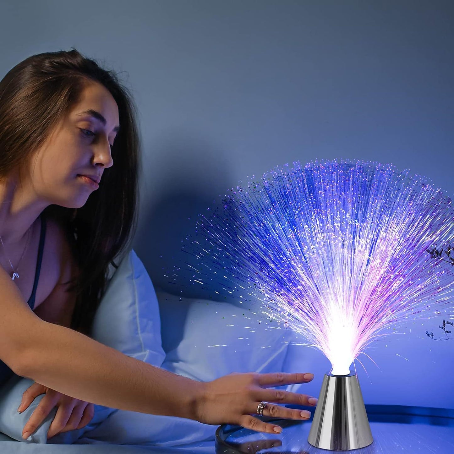 Fiber optic lamp with LED color changing, cone base, battery powered for calming mood lighting.