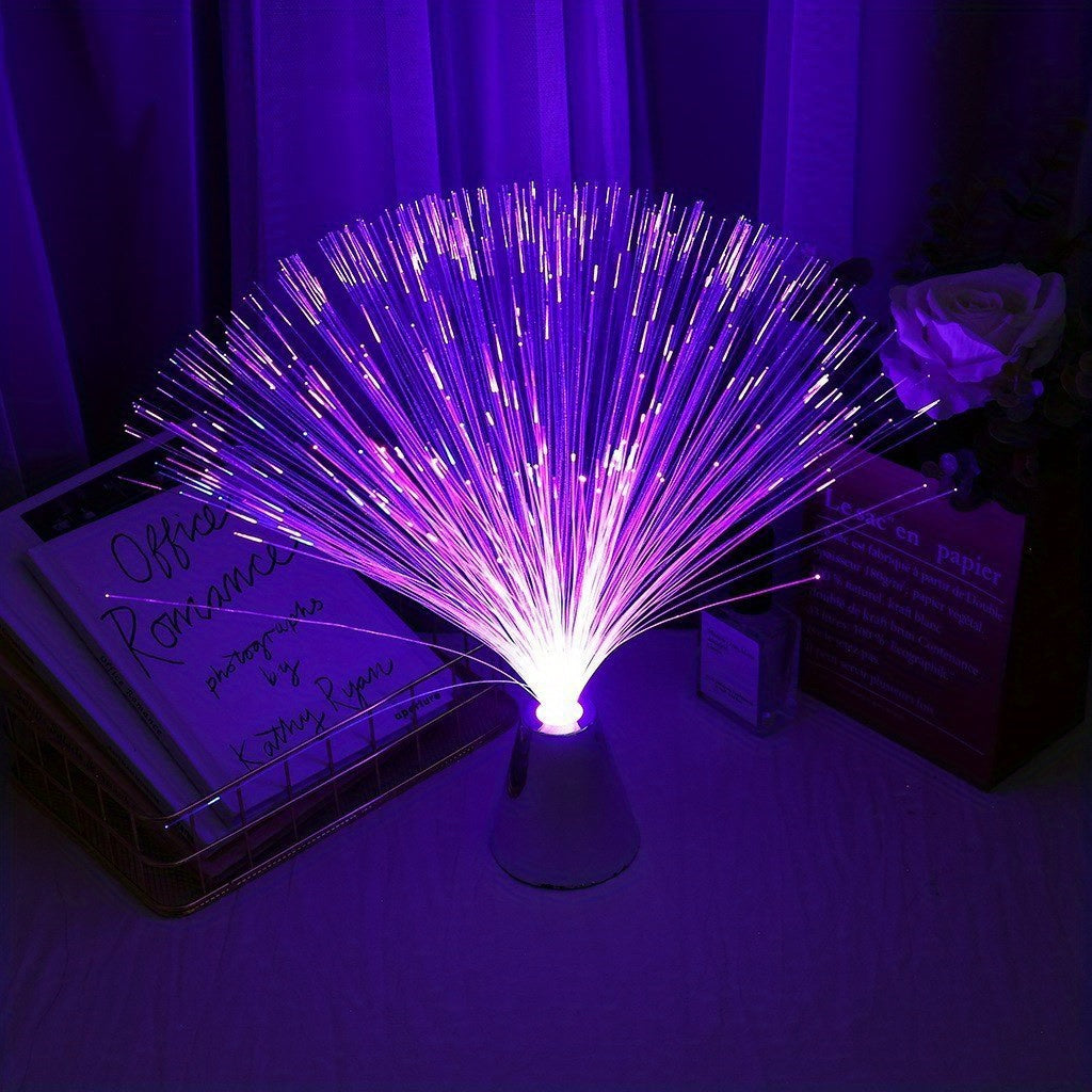 Fiber optic lamp with LED color changing, cone base, battery powered for calming mood lighting.