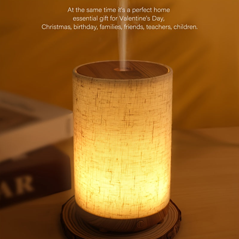 Textured fabric & wooden air humidifier with aromatherapy diffuser, essential oil addition, air purification, auto shut-off, USB powered; ideal for home, bedroom, office, travel gift.