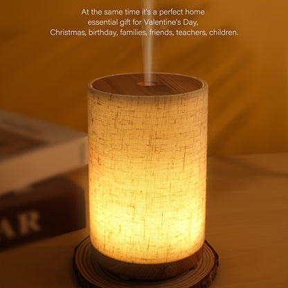 Textured fabric & wooden air humidifier with aromatherapy diffuser, essential oil addition, air purification, auto shut-off, USB powered; ideal for home, bedroom, office, travel gift.