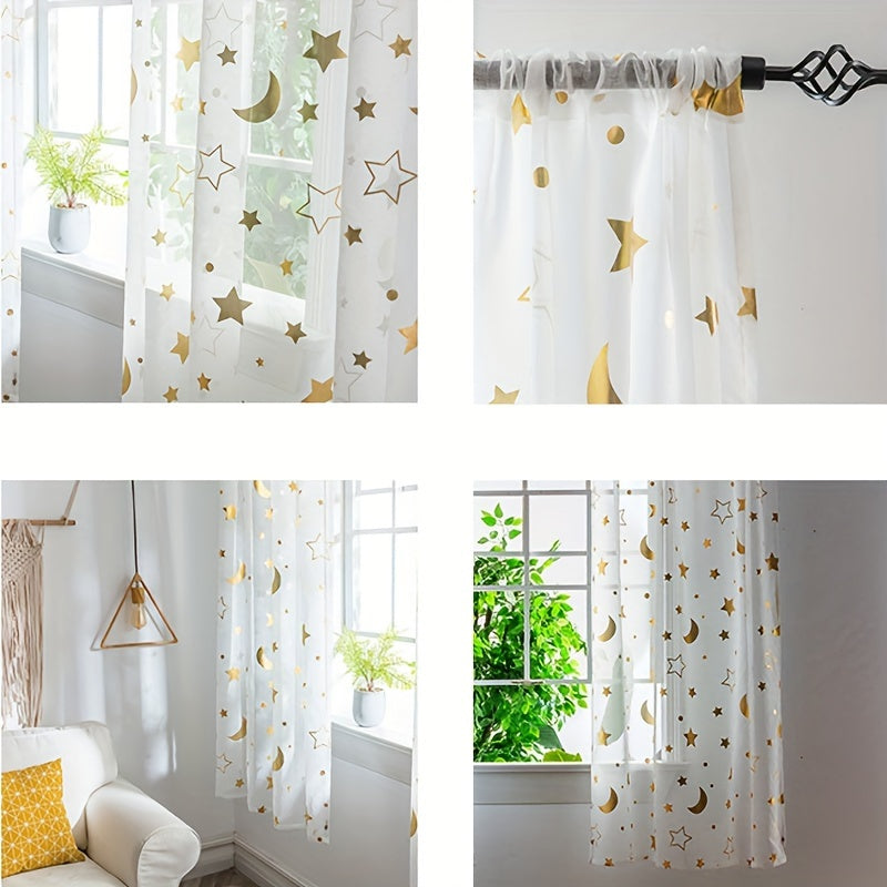 White tulle curtains with shiny silver and golden stars moon cartoon design, perfect for kids' room. Can also be used as modern and cute window treatment sheers for living room or bedroom. Features 1PC rod pocket top for easy hanging.