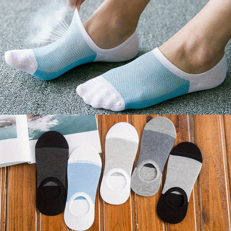 5 pairs of men's color block liner anklet socks made of thin cotton blend, perfect for outdoor activities.