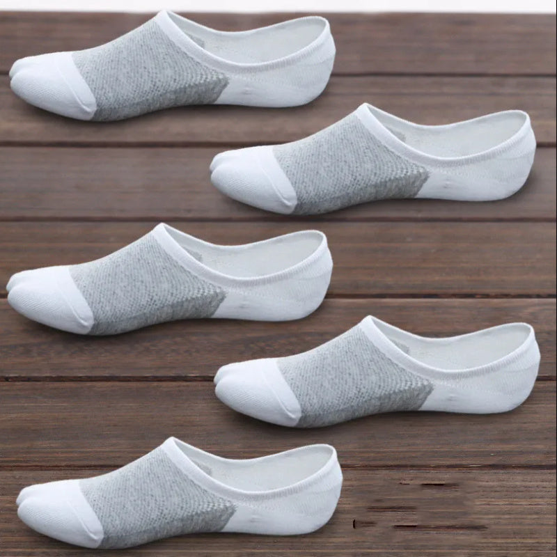 5 pairs of men's color block liner anklet socks made of thin cotton blend, perfect for outdoor activities.