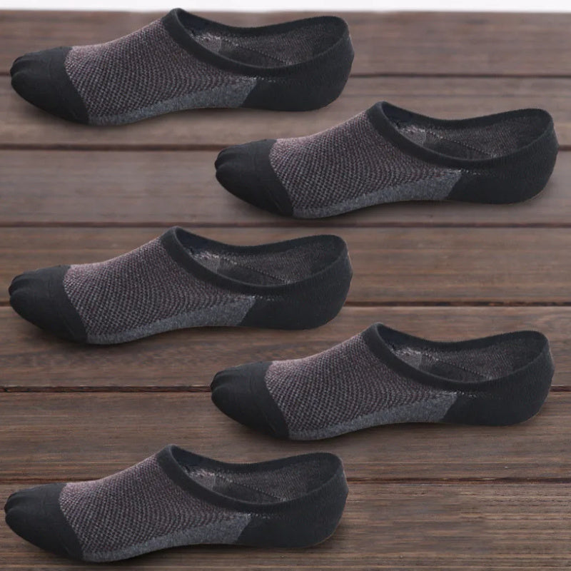 5 pairs of men's color block liner anklet socks made of thin cotton blend, perfect for outdoor activities.