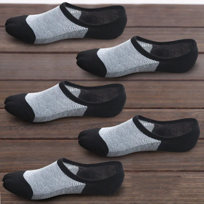 5 pairs of men's color block liner anklet socks made of thin cotton blend, perfect for outdoor activities.