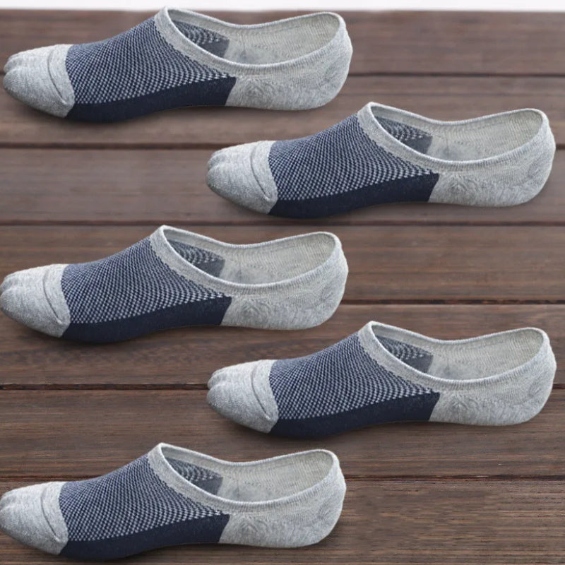 5 pairs of men's color block liner anklet socks made of thin cotton blend, perfect for outdoor activities.