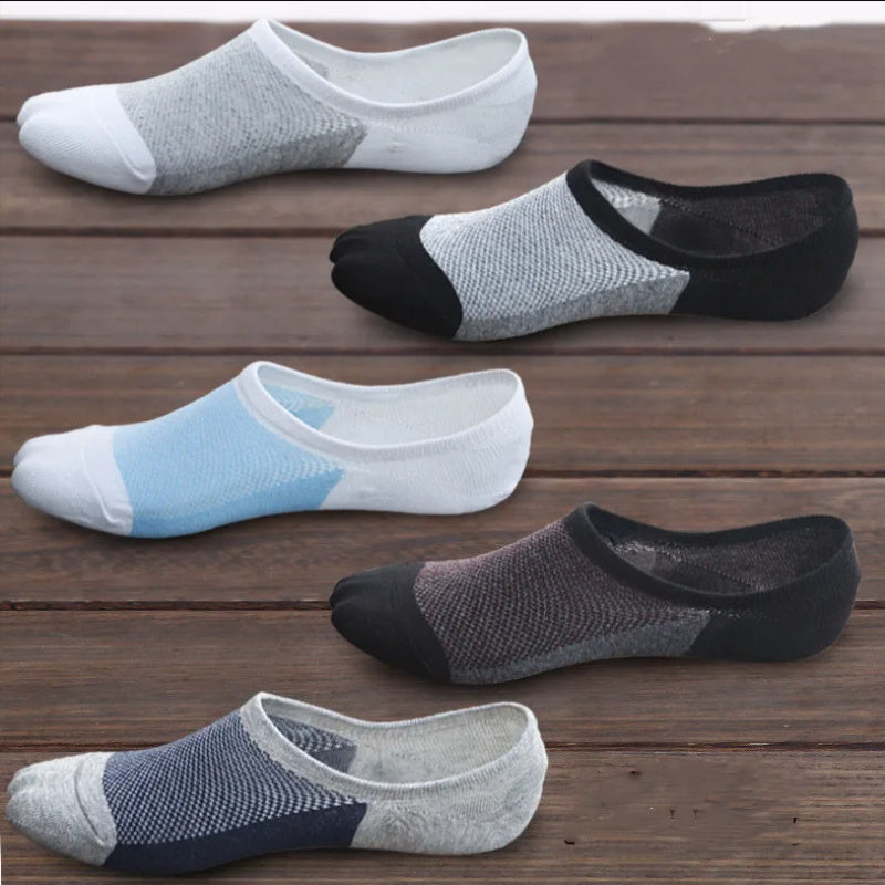 5 pairs of men's color block liner anklet socks made of thin cotton blend, perfect for outdoor activities.