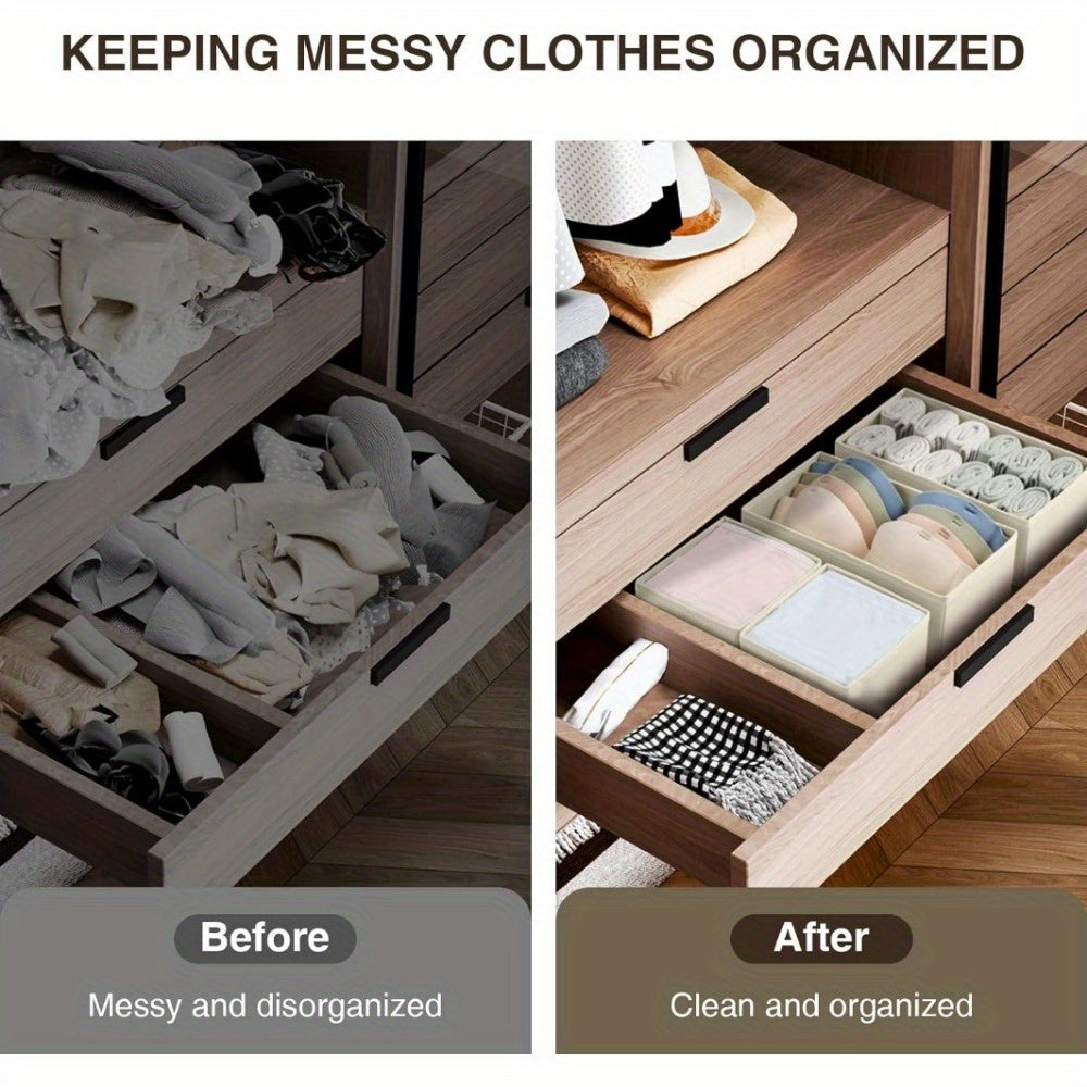 Set of 4 collapsible fabric drawer organizers, dresser storage dividers that can be easily mounted with tension rods. Perfect for organizing baby clothes, socks, belts, ties, and creating a more organized closet space. Great for storing Halloween and