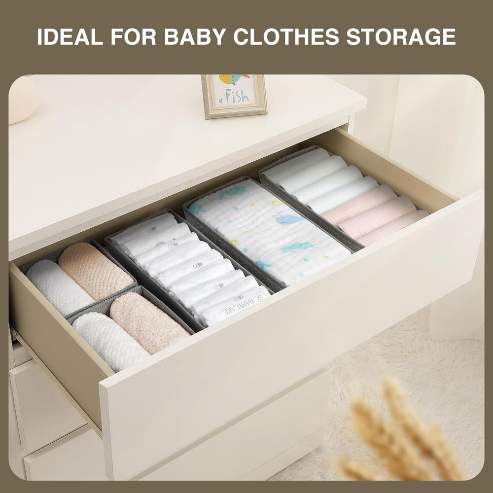 Set of 4 collapsible fabric drawer organizers, dresser storage dividers that can be easily mounted with tension rods. Perfect for organizing baby clothes, socks, belts, ties, and creating a more organized closet space. Great for storing Halloween and