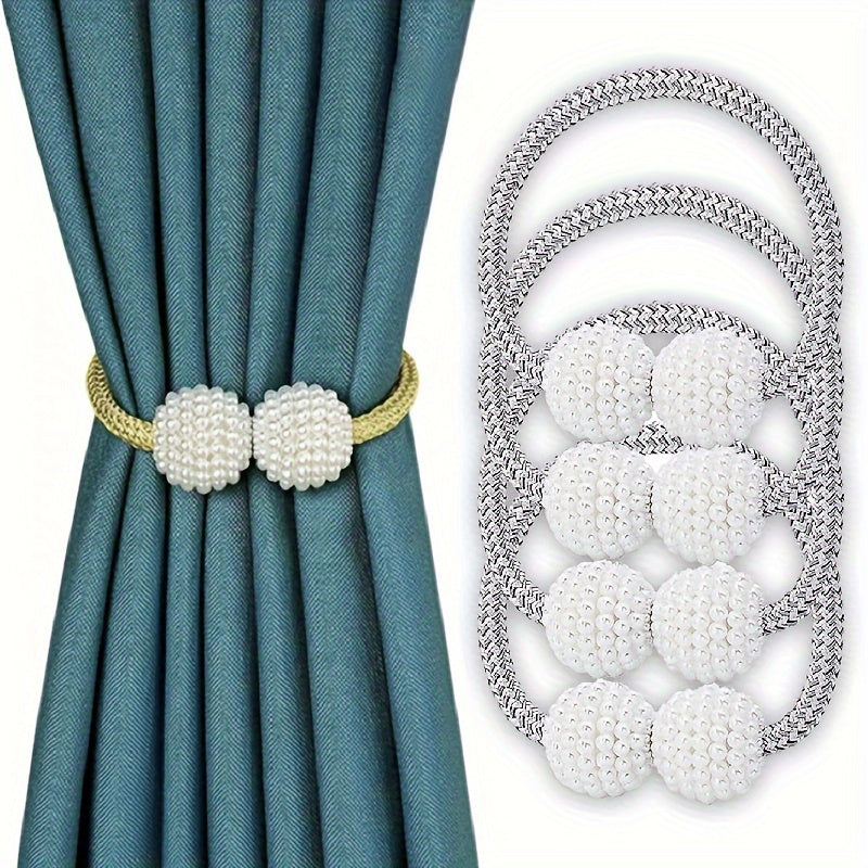 This set includes 4 magnetic curtain tiebacks adorned with artificial pearl balls for elegant home decor. These curtains holdbacks are perfect for adding a touch of style to your bedroom or living room.