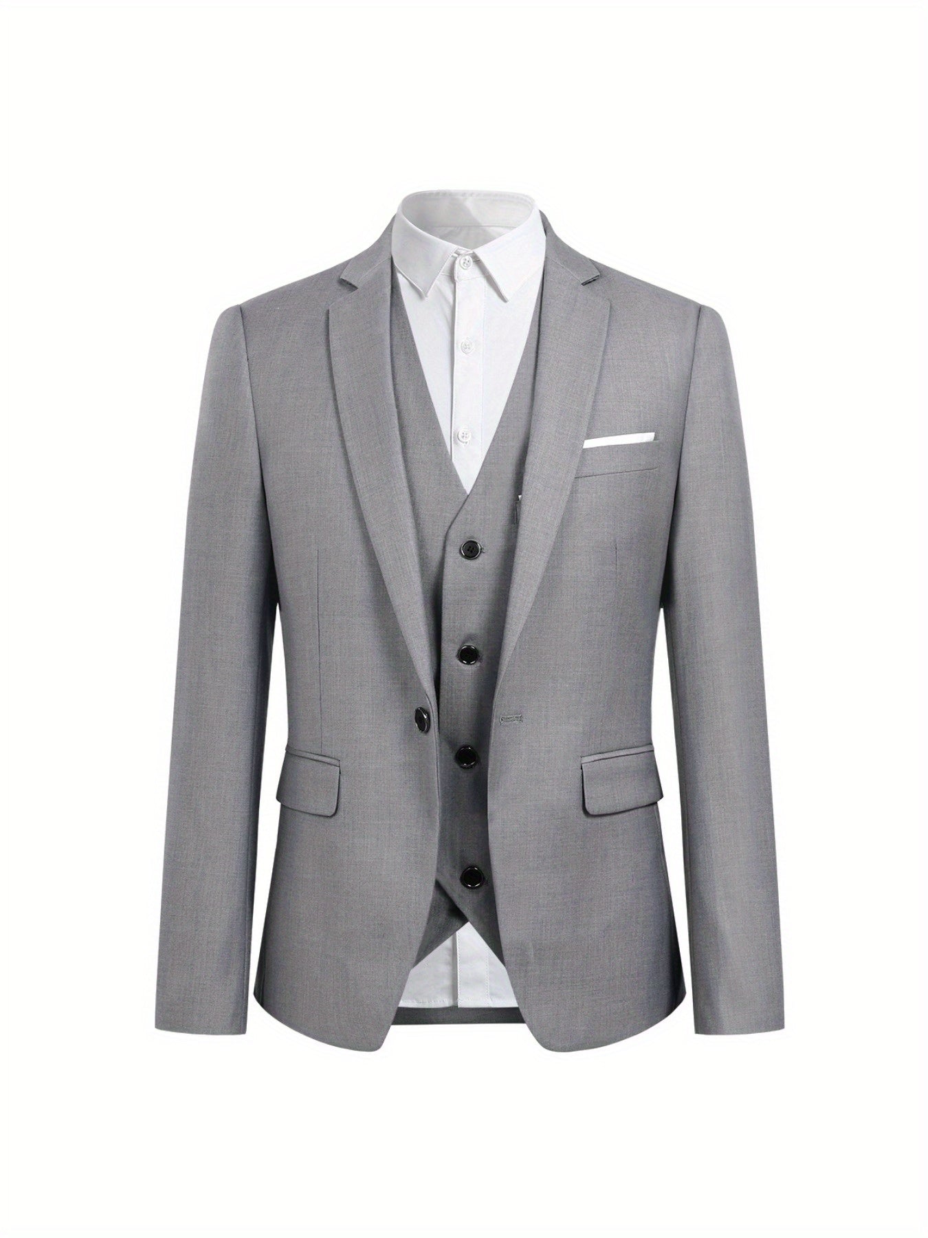 Men's single buttoned jacket and three-piece suit in a solid color.