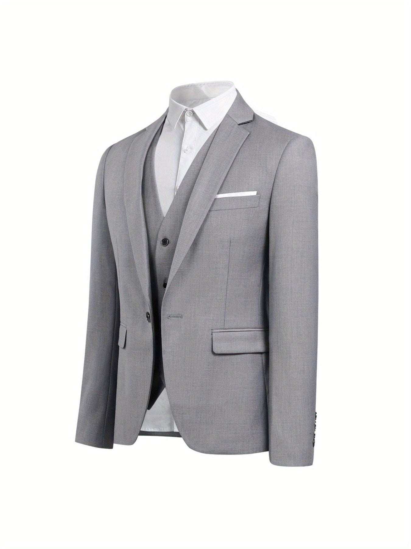 Men's single buttoned jacket and three-piece suit in a solid color.