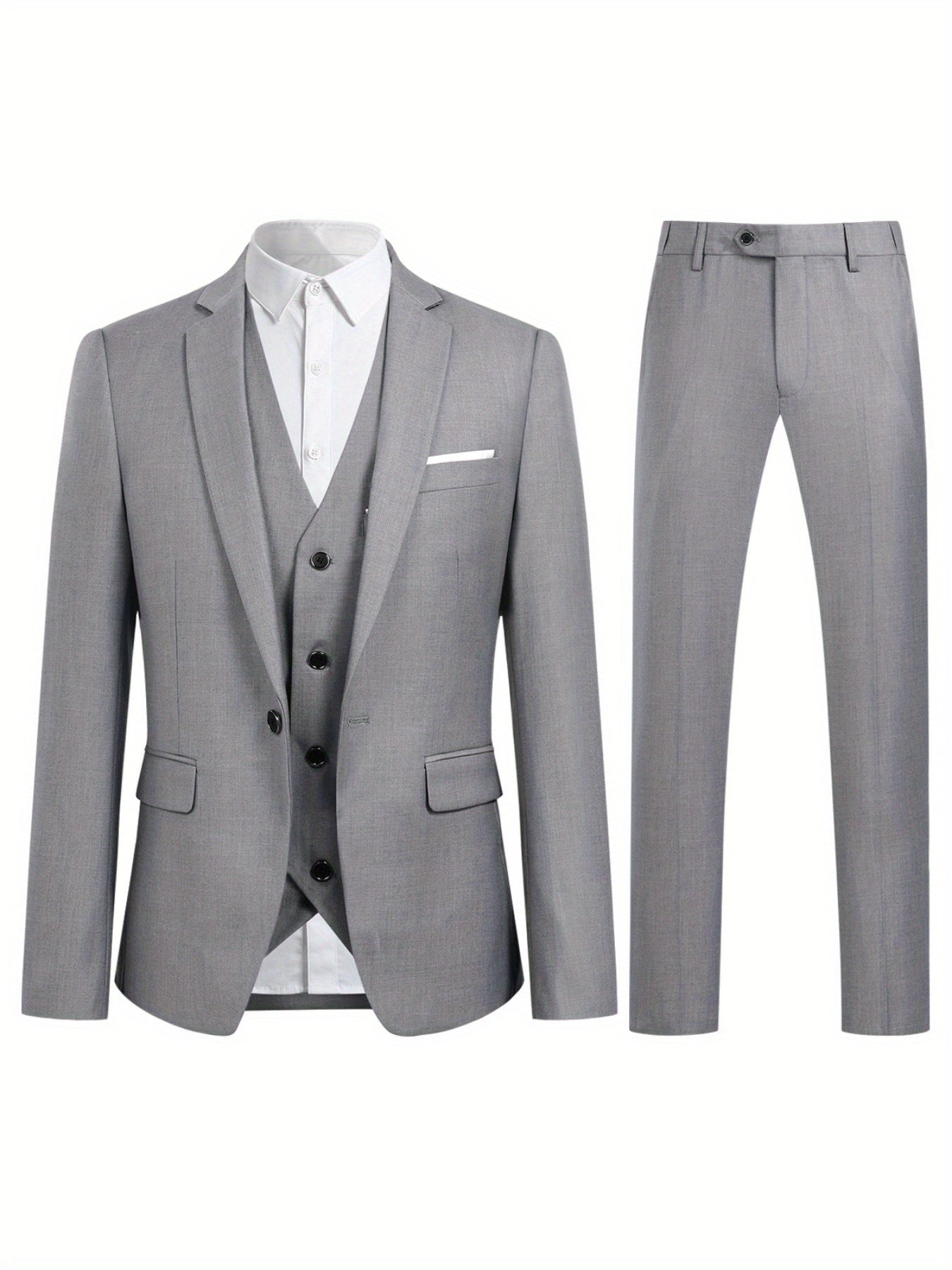 Men's single buttoned jacket and three-piece suit in a solid color.