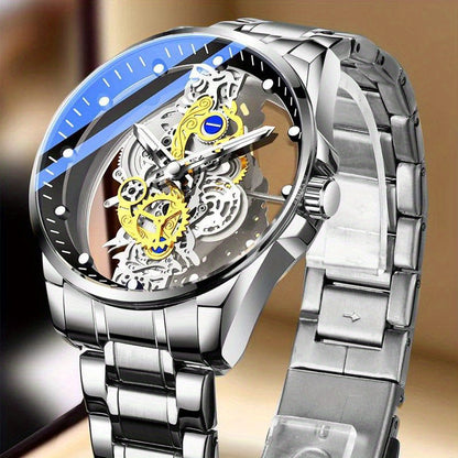 Men's Fashion Transparent Watch - Imitation Mechanical Timepiece with Luminous Dial, Stainless Steel Band, Quartz Movement. Luxury Business Golden Watch for Men.