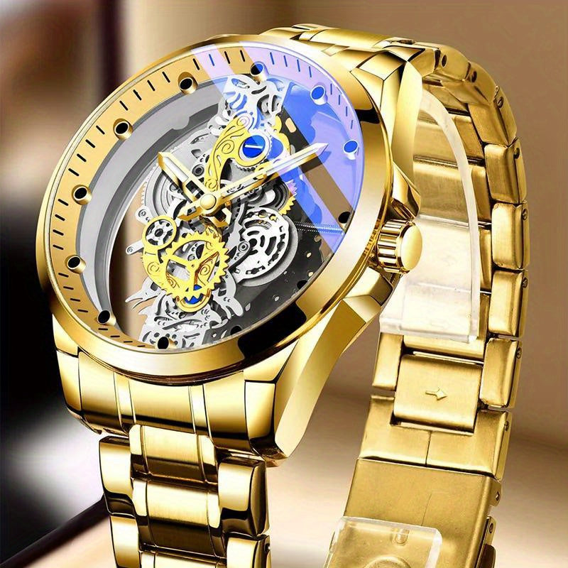 Men's Fashion Transparent Watch - Imitation Mechanical Timepiece with Luminous Dial, Stainless Steel Band, Quartz Movement. Luxury Business Golden Watch for Men.