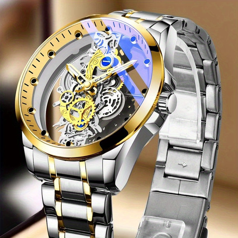 Men's Fashion Transparent Watch - Imitation Mechanical Timepiece with Luminous Dial, Stainless Steel Band, Quartz Movement. Luxury Business Golden Watch for Men.