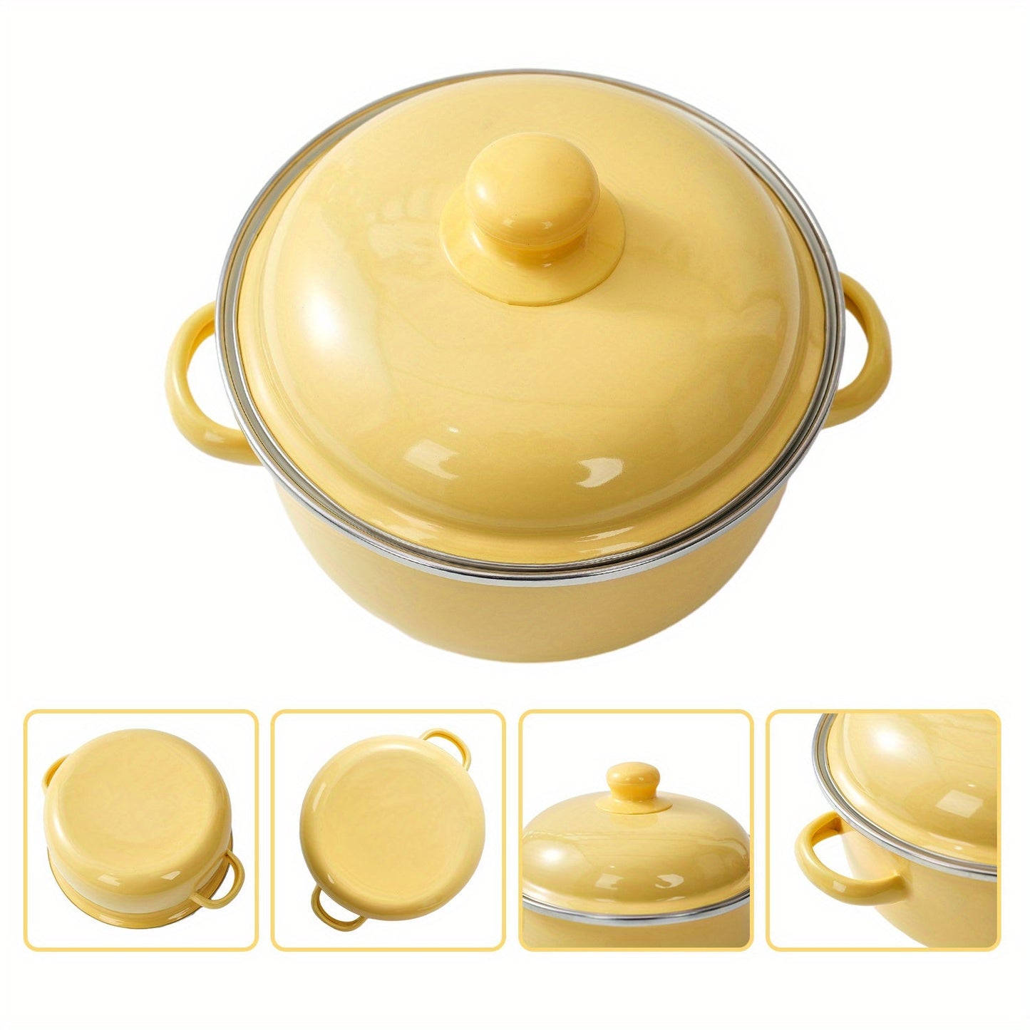 Enamel pot set including a soup pot, stew pot, and boiling pot for use in restaurants or home kitchens. Suitable for gas, electric stoves, and open fire cooking, but not safe for use in microwave ovens. Ideal kitchenware supplies.