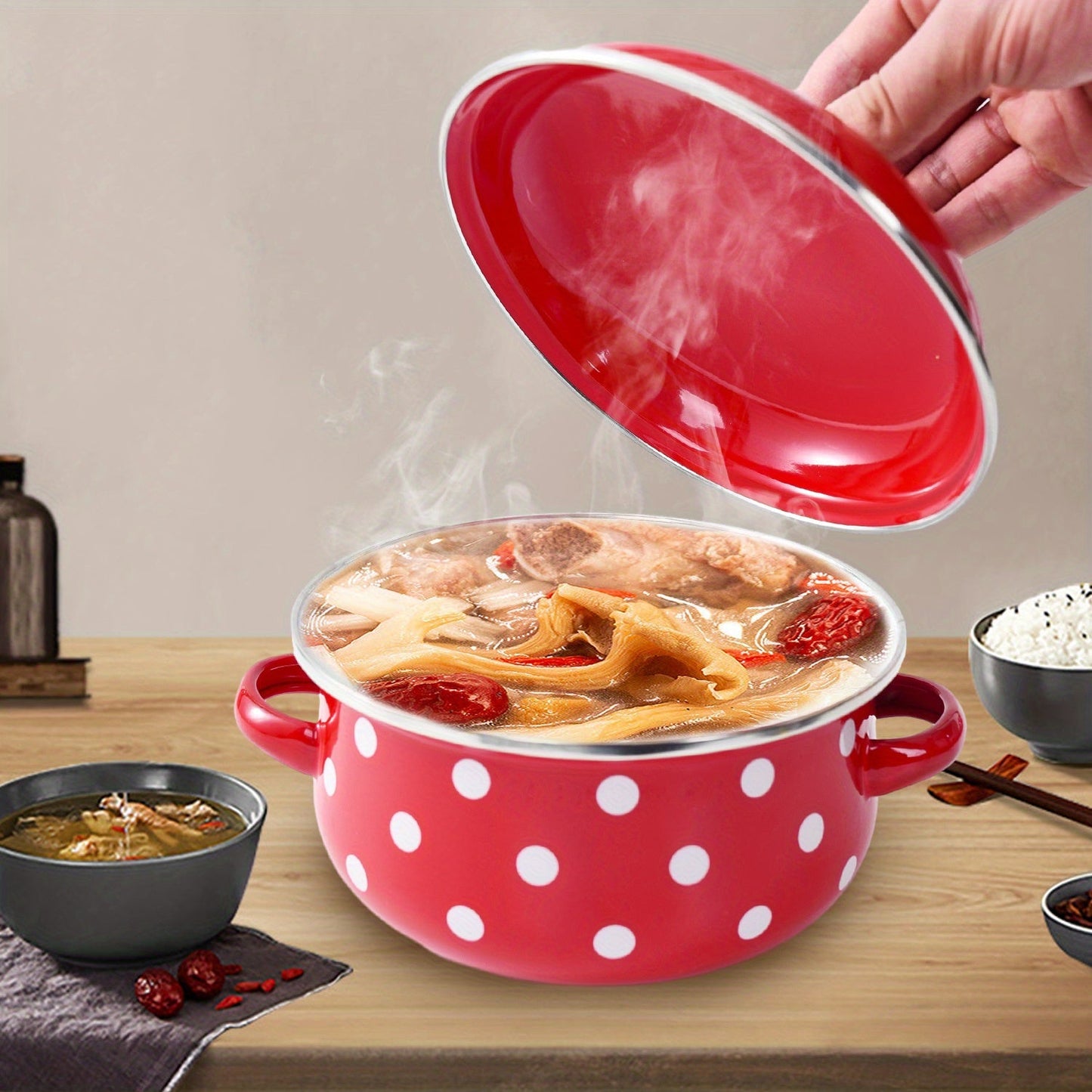 Enamel pot set including a soup pot, stew pot, and boiling pot for use in restaurants or home kitchens. Suitable for gas, electric stoves, and open fire cooking, but not safe for use in microwave ovens. Ideal kitchenware supplies.