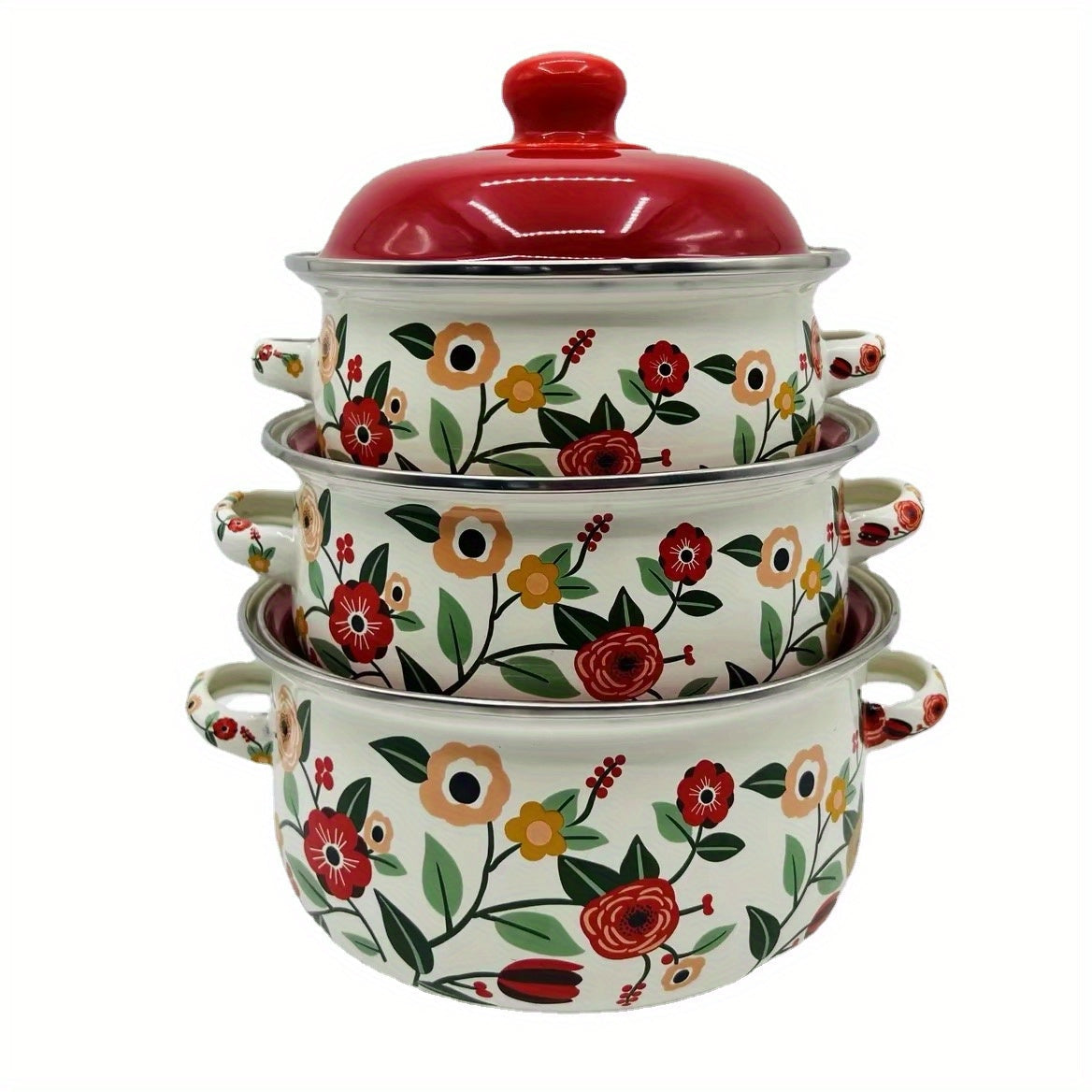 Enamel pot set including a soup pot, stew pot, and boiling pot for use in restaurants or home kitchens. Suitable for gas, electric stoves, and open fire cooking, but not safe for use in microwave ovens. Ideal kitchenware supplies.