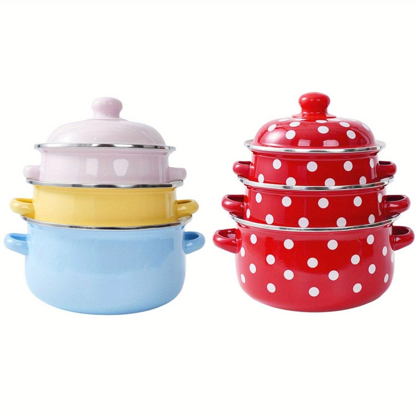 Enamel pot set including a soup pot, stew pot, and boiling pot for use in restaurants or home kitchens. Suitable for gas, electric stoves, and open fire cooking, but not safe for use in microwave ovens. Ideal kitchenware supplies.