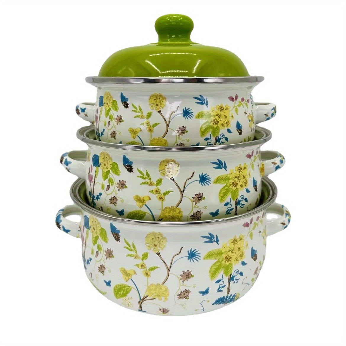 Enamel pot set including a soup pot, stew pot, and boiling pot for use in restaurants or home kitchens. Suitable for gas, electric stoves, and open fire cooking, but not safe for use in microwave ovens. Ideal kitchenware supplies.