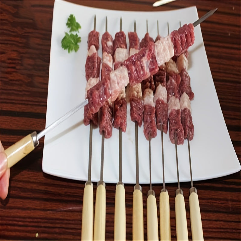 20 pieces of stainless steel barbecue skewers with wooden handles, perfect for grilling and outdoor cooking. These multifunctional metal BBQ skewers are essential for any BBQ enthusiast's supplies.