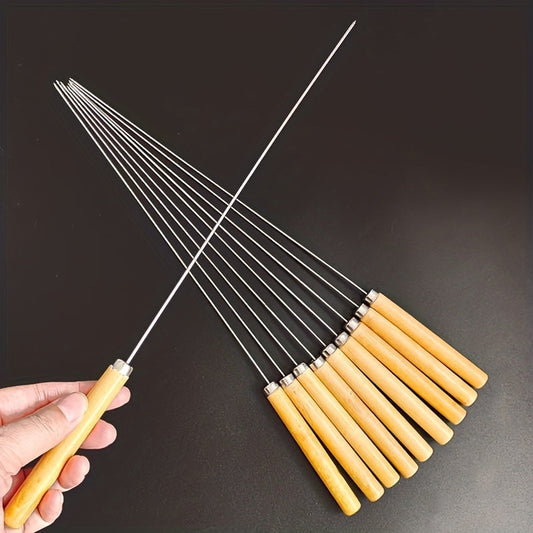 20 pieces of stainless steel barbecue skewers with wooden handles, perfect for grilling and outdoor cooking. These multifunctional metal BBQ skewers are essential for any BBQ enthusiast's supplies.