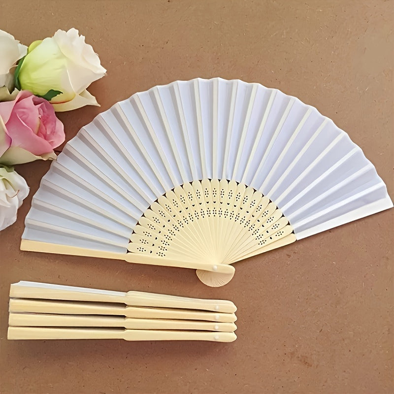 Elegant Silk Hand Fan in White - Set of 50 with Gift Bag for Weddings and Parties, 23cm