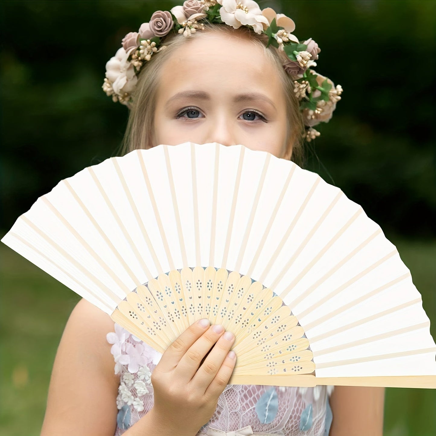 Elegant Silk Hand Fan in White - Set of 50 with Gift Bag for Weddings and Parties, 23cm